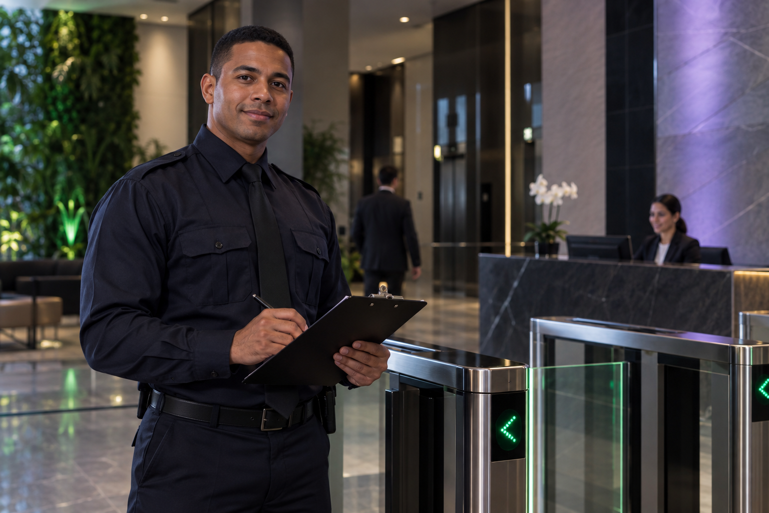 Agente de portaria realizando controle de acesso em edifício moderno