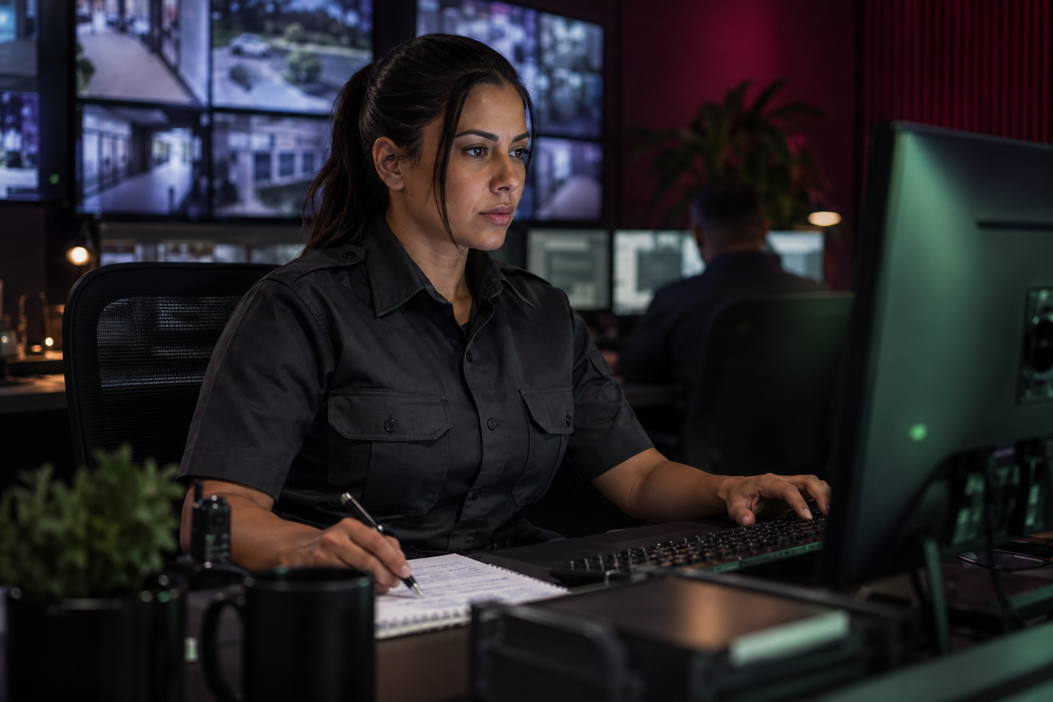 Vigilante analisando informações e registrando relatório no computador