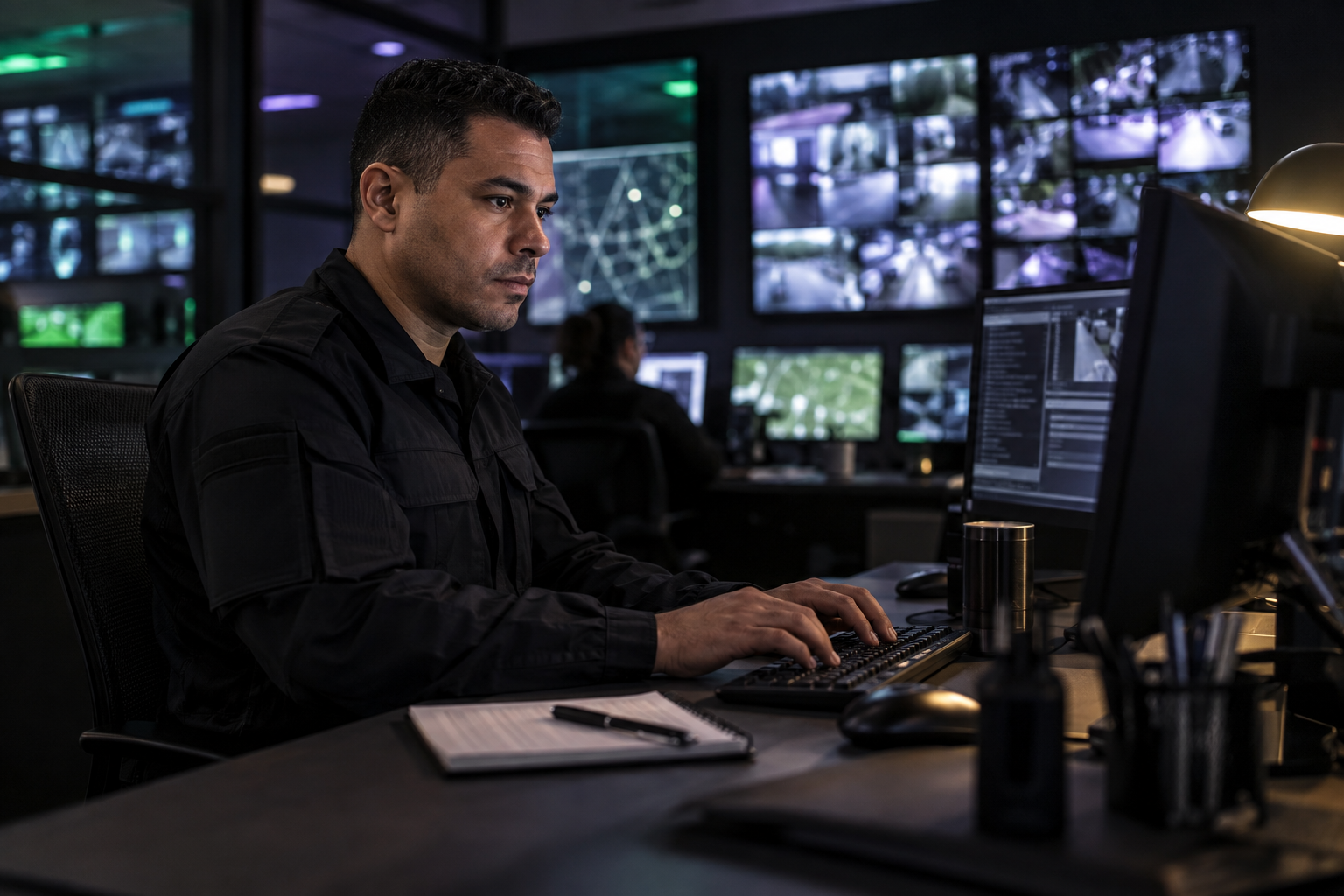 Vigilante elaborando relatório em central de monitoramento